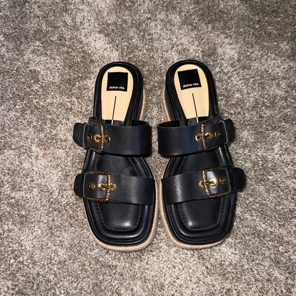 Dolce Vita Black Leather Double-Buckle Slide Mules with Gold Hardware